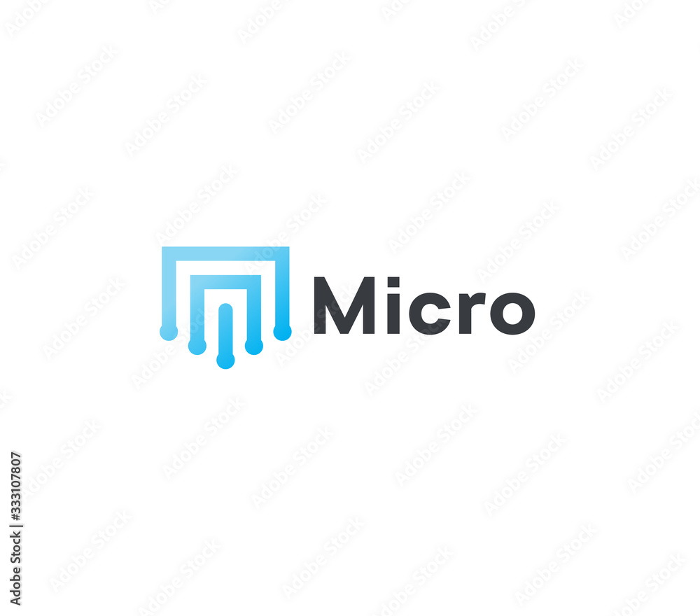 Poster Abstract micro scheme icon, blue geometric lines. Microchip linear logo template, flat abstract emblem. Concept logotype design for computer tecnology. Vector logo.
