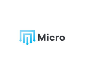 Abstract micro scheme icon, blue geometric lines. Microchip linear logo template, flat abstract emblem. Concept logotype design for computer tecnology. Vector logo.