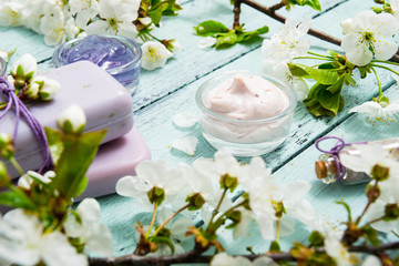 cosmetics, soaps and cherry flowers