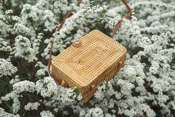 Wooden bags made of rattan palm. Women's accessory.
