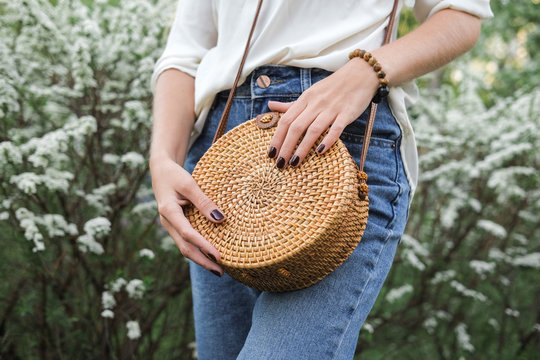 Wooden Bags Made Of Rattan Palm. Women's Accessory.