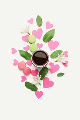 Beautiful composition with cup of coffee on white background