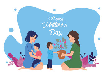 beautiful mother with son giving houseplant characters mothers day card