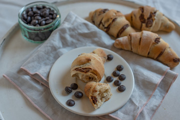 home made croissant filled with chocolate on a plate