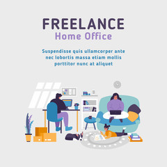 Home Office Apartment. Workspace Freelancer family. Man works at desk PC. Woman works with laptop. Baby playing at floor. Working at home anytime concept. Stay at home with our family. Business online