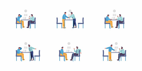Set of illustrations - 2 man sitting at desk in various poses. Argue, chat, negotitations, talk. Meeting between business men. People discussing working issues. Flat character design.