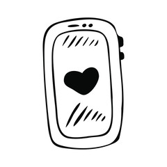 Hand drawn phone vector illustration with heart, like symbol.