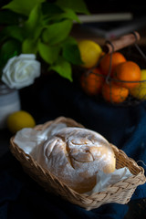 homemade artisanal wholewheat bread in basket on table