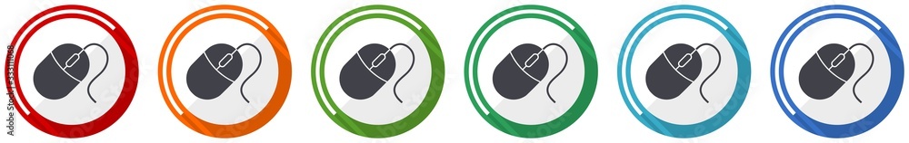 Fototapete Mouse icon set, flat design vector illustration in 6 colors options for webdesign and mobile applications
