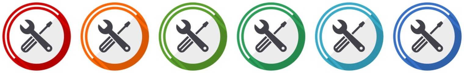 Tools icon set, flat design vector illustration in 6 colors options for webdesign and mobile applications