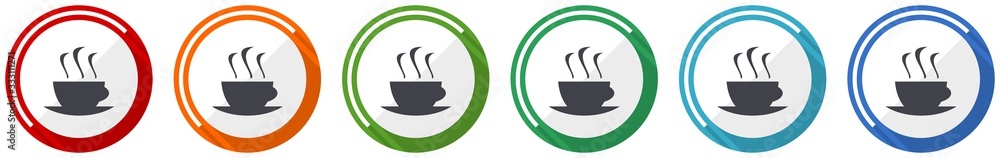 Aufkleber coffee icon set, flat design vector illustration in 6 colors options for webdesign and mobile applic