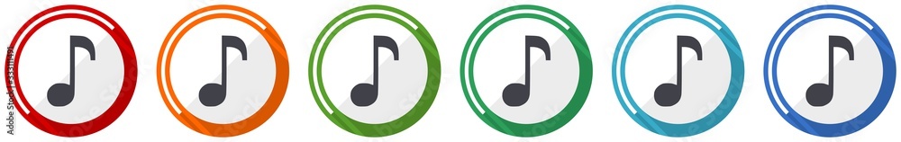 Aufkleber music icon set, flat design vector illustration in 6 colors options for webdesign and mobile applica