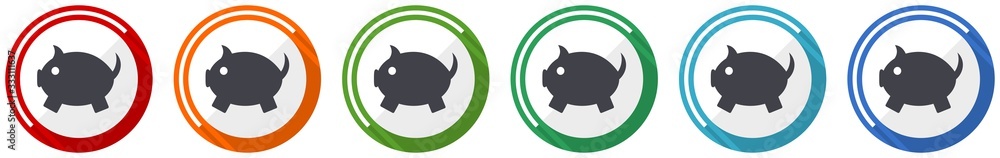 Aufkleber piggy bank icon set, flat design vector illustration in 6 colors options for webdesign and mobile ap