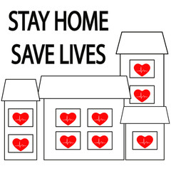Text "Stay home, save lives". Homes and red hearts with cardiogram. Pandemic medical concept. Vector illustration isolated on white background. 