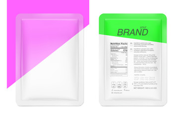 Sachet packaging for food, cosmetic and hygiene with product information. Layered file with transparent highlights. Vector illustration on white background. Ready for your design. EPS10.	