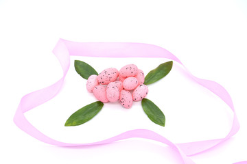 Easter decoration  with  eggs and green leaves. Easter minimal concept. 