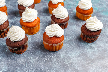 Cupcake baking background with kitchen utensils.