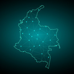 Abstract mesh line and point scales on dark background with Map of colombia. Wire frame 3D mesh polygonal network line, design sphere, dot and structure. communications map of colombia. Vector. -