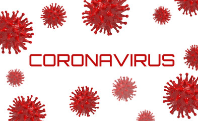 Coronavirus banner. Red virus bacteria cells 3D render background image on white background. Flu, influenza, covid-19 model illustration