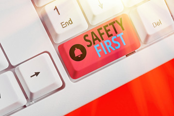 Word writing text Safety First. Business photo showcasing used to say that the most important thing...