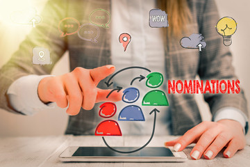 Writing note showing Nominations. Business concept for the act of officially suggesting someone for...