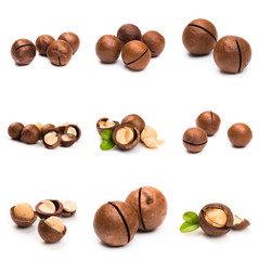 Macadamia nut with pieces and green leaves isolated on a white background