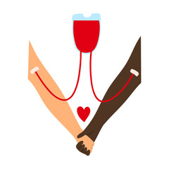 Blood transfusion from the donors hand to the recipient s hand with a red heart sign. Vector illustration in flat cartoon style.