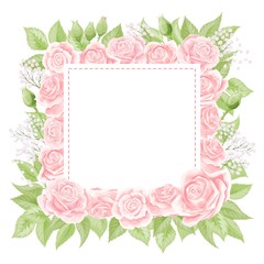Fototapeta na wymiar Pink cream rose square frame, hand draw vector illustration