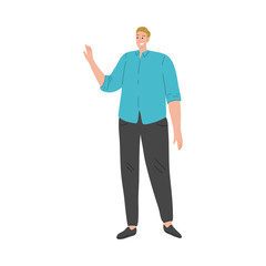 Happy smiling man in blue t-shirt standing and gesturing by hand. Vector illustration in flat cartoon style.