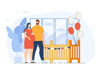 Happy Pregnancy, Preparing Home for Newborn, Parenting and Maternity Concept. Husband Hugging Pregnant Wife, Future Father and Mother Decorating Baby Bed with Balloons Trendy Flat Vector Illustration
