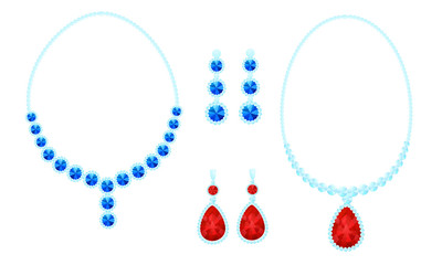 Necklace and Earrings with Gemstones Vector Set. Accessories for Women