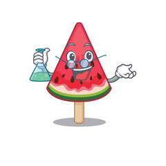 Smart Professor of watermelon ice cream mascot design holding a glass tube