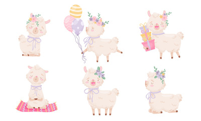 Obraz premium Cartoon Funny Alpaca or Lama Character Wearing Floral Wreath Carrying Gift Boxes and Sitting in Yoga Pose Vector Set