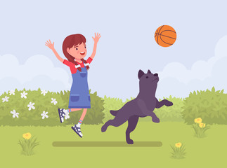 Happy girl playing with pet dog friend outdoors. Kid and playful puppy enjoy fresh air activity, having fun in sport game for ball jump exercise in a green park. Vector flat style cartoon illustration