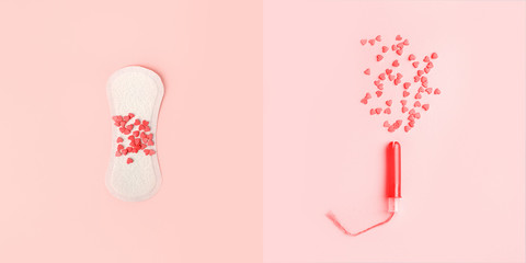 Feminine hygiene tampon and pad with confectionery heart on pink background, top view, flat lay....