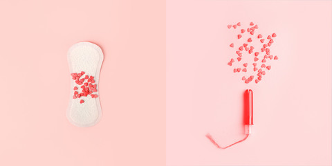 Feminine hygiene tampon and pad with confectionery heart on pink background, top view, flat lay. Concept of critical days, menstruation, creative collage, banner