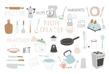 Kitchen doodle vector icon set. For modern recipe card template set for cookbook.