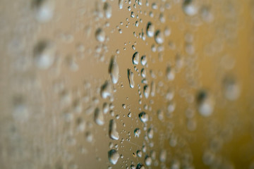 rain drop close up on a glass window with a golden background 