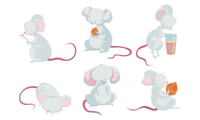 Cartoon Mouse Character with Long Pink Tail Holding Cheese Slab and Sleeping Vector Set