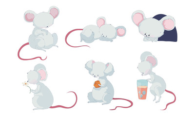 Cartoon Mouse Character with Long Pink Tail Holding Cheese Slab and Sleeping Vector Set