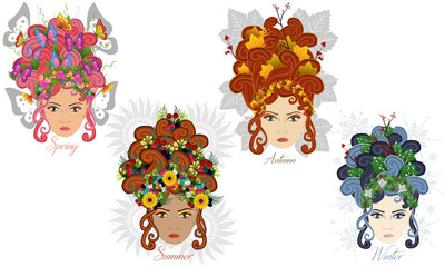 The four seasons of the year, represented with the face of girls and hair adorned with the flowers and fruits of each season, drawing in vector.