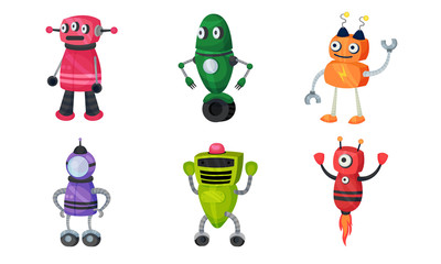 Funny Robots with Metallic Body and Limbs Moving Around Vector Set