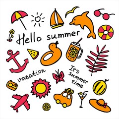 Summer icons set. Hand drawn collection. Summer elements and inscription It s summer time, hello summer, vacation