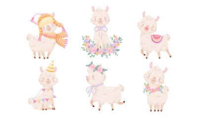 Cartoon Funny Alpaca or Lama Character Wearing Warm Hat and Running with Floral Wreath on Its Head Vector Set