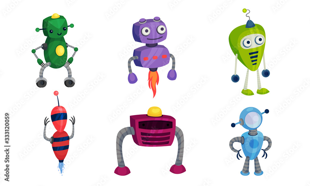 Poster funny robots with metallic body and limbs moving around vector set