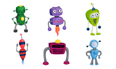 Funny Robots with Metallic Body and Limbs Moving Around Vector Set