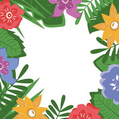 Fototapeta na wymiar Tropical green frame with space for your text. Vector background with tropical leaves and flowers.