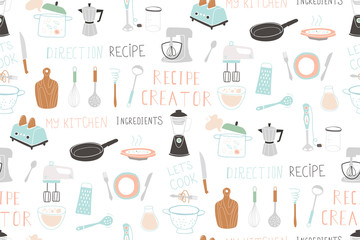 Kitchen doodle vector icon set. For modern recipe card template set for cookbook.