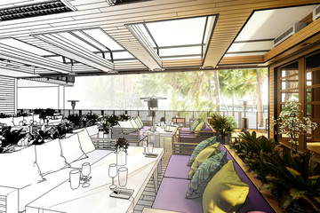 Terrace Chill & Restaurant Area Inside a Resort (draft) - 3d architectural visualization