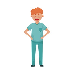 Red Haired Man Doctor in Medical Uniform Standing with His Arms at Hips Vector Illustration